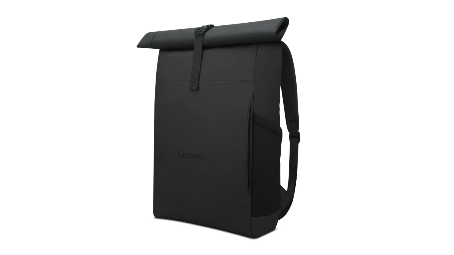 Lenovo 16" Modern Gaming Backpack in black with roll-top closure and side pocket