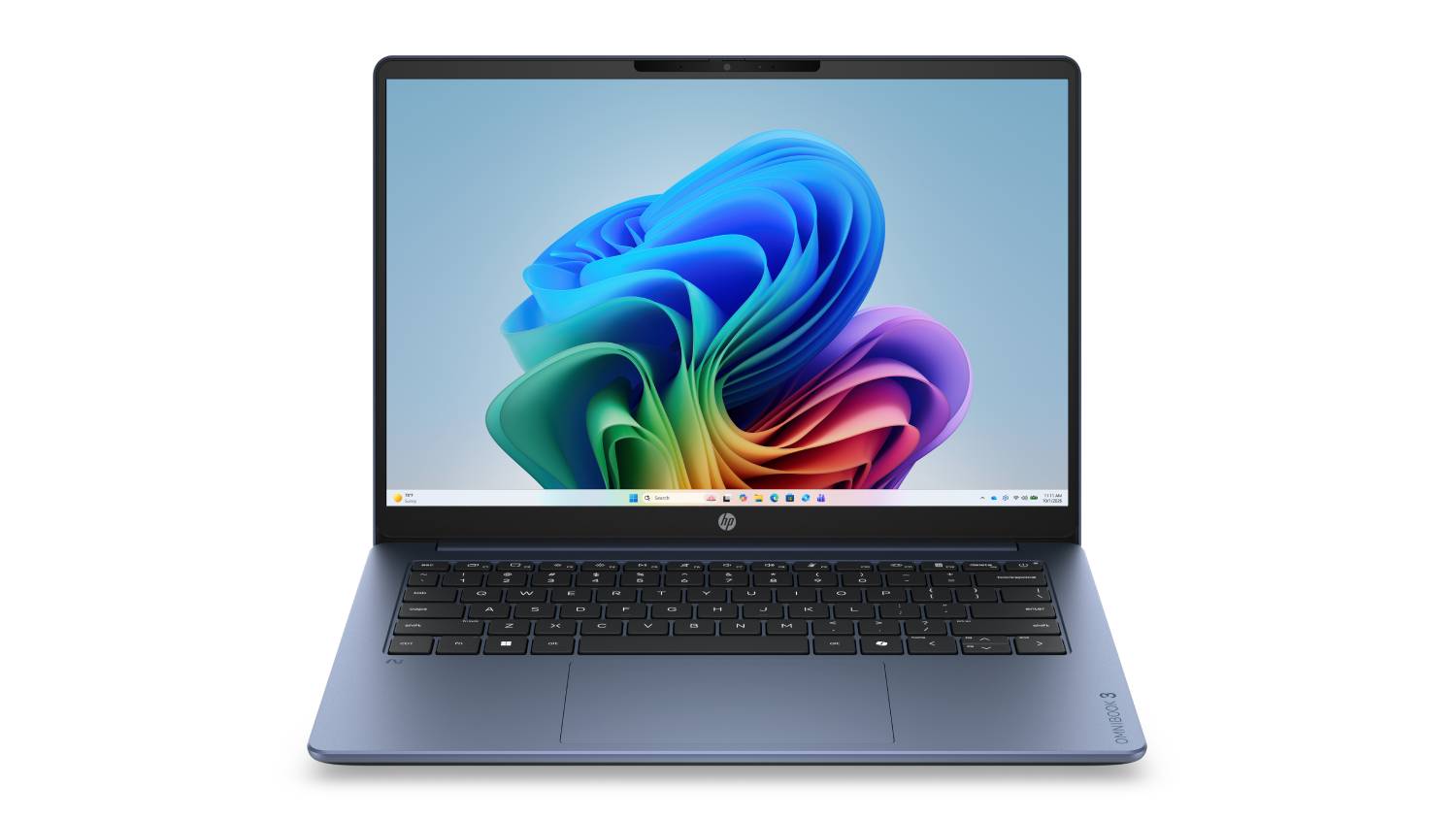 HP OmniBook 3 14-inch laptop in Starlit blue shown from the front with the display open