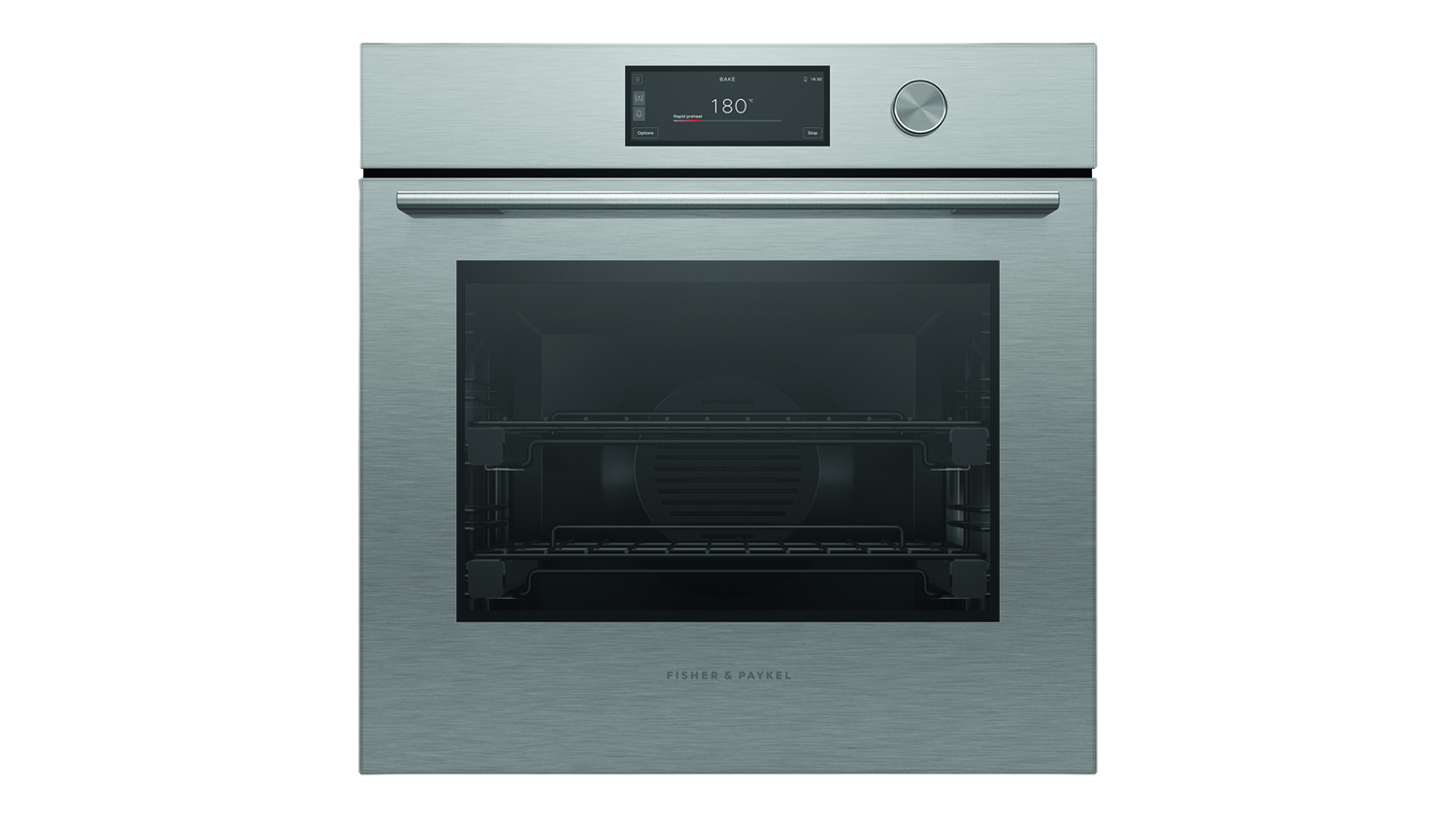 A front view of a brushed silver Fisher & Paykel wall oven with its door closed