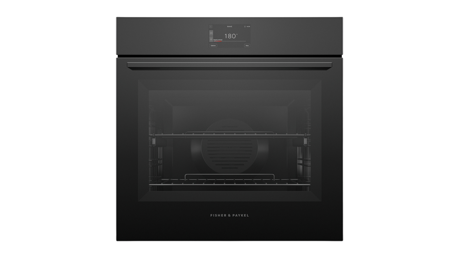 Front view of a closed black Fisher & Paykel built-in oven with a digital touch display reading 180°