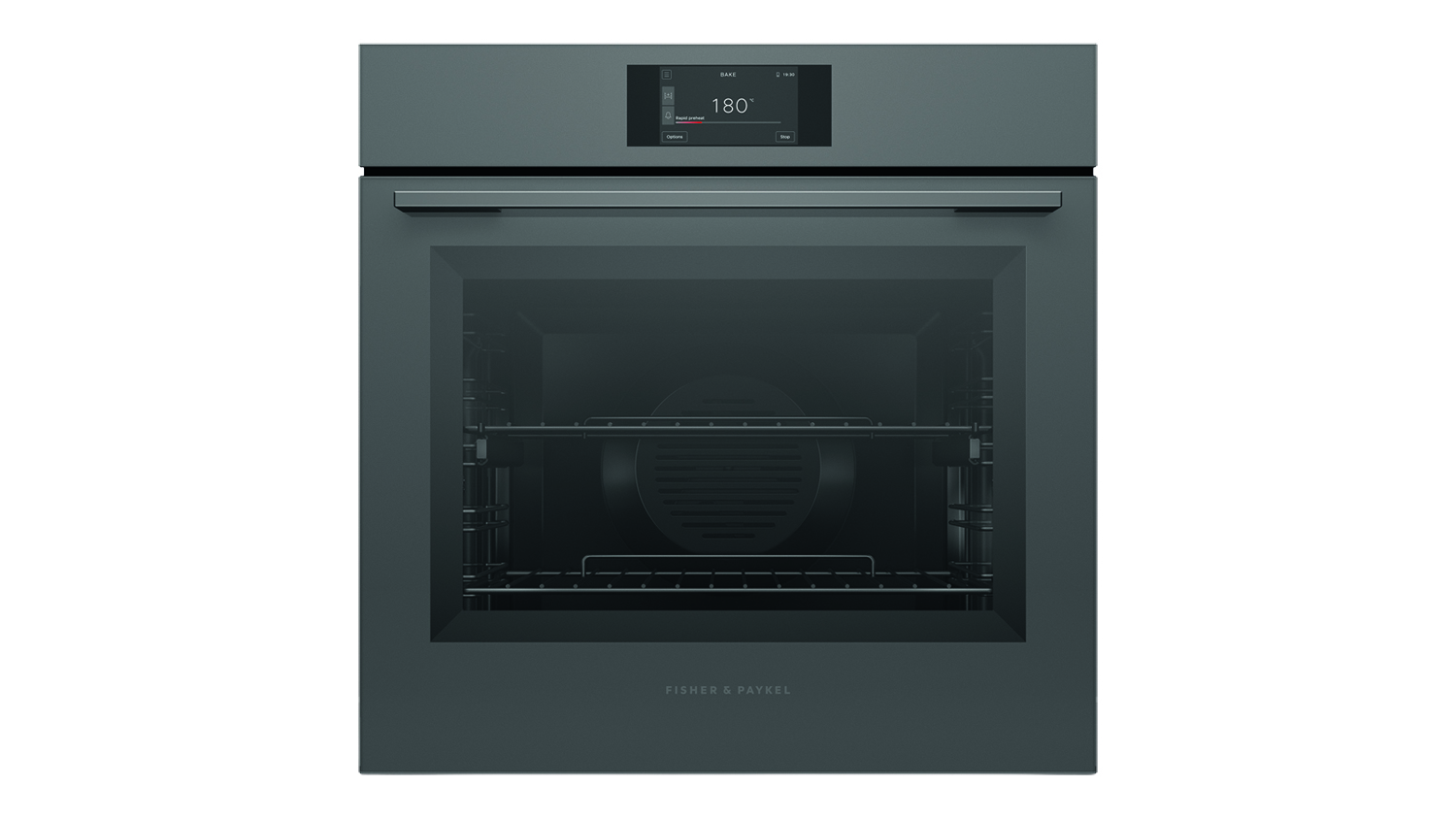 A front view of a Fisher & Paykel built-in oven with a digital touch display reading 180°