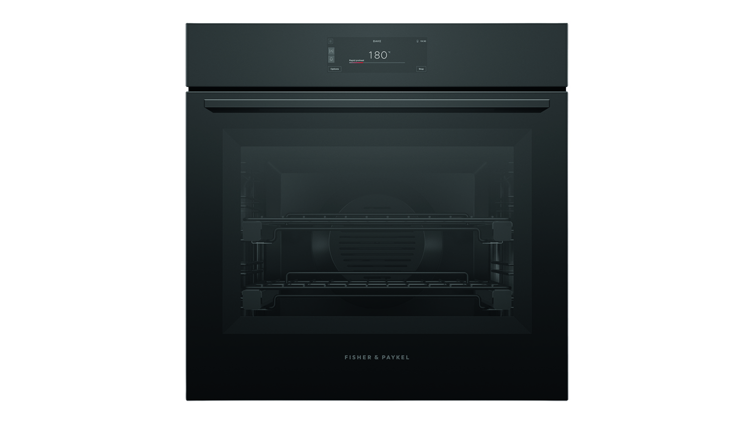 A front view of a black glass Fisher & Paykel wall oven with its door closed