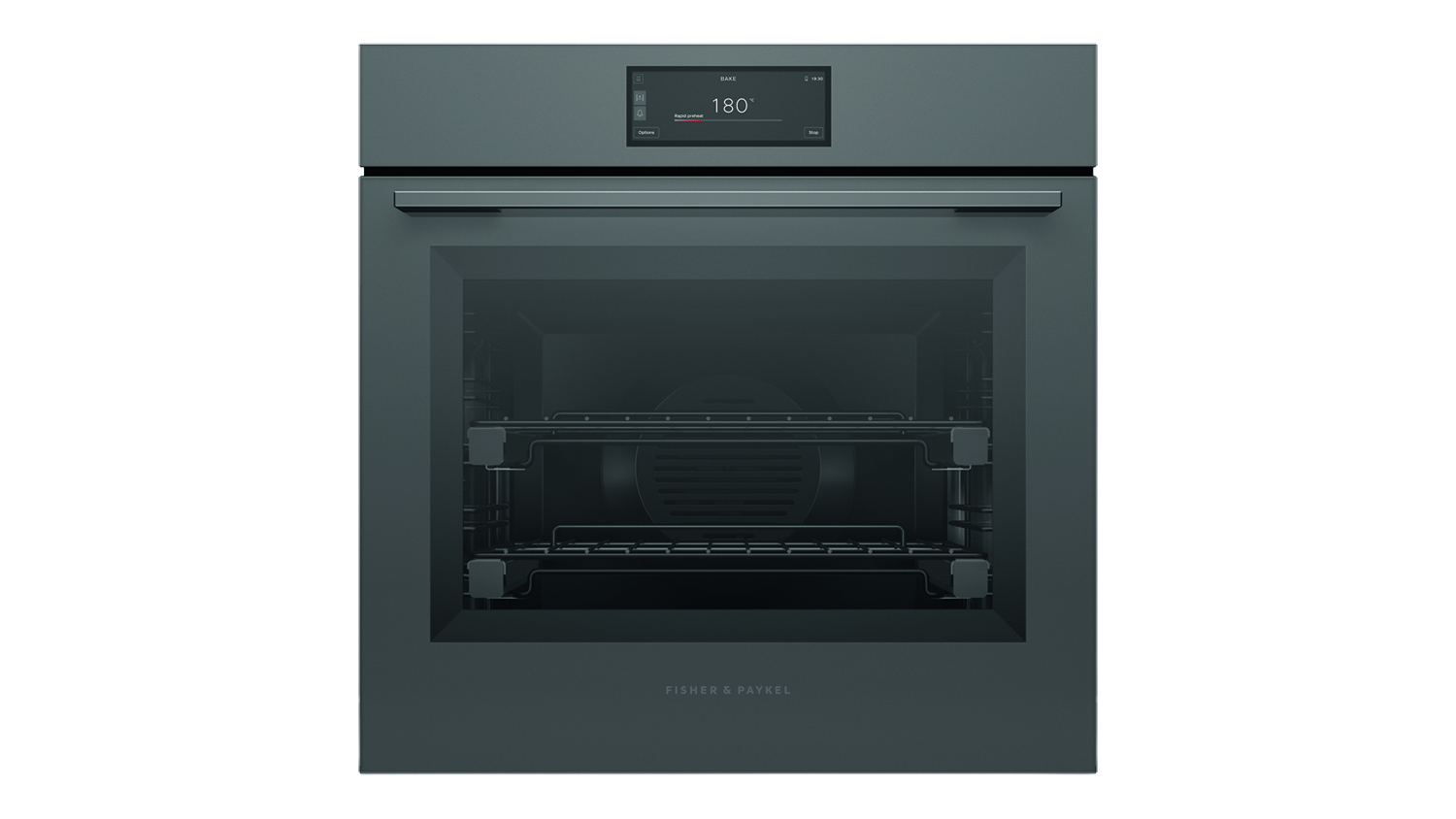 A front view of a grey glass Fisher & Paykel wall oven with its door closed