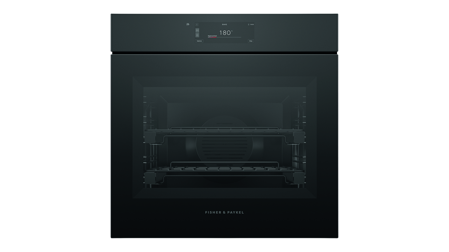 A sleek black Fisher & Paykel built-in oven with a digital screen interface displaying 180 degrees