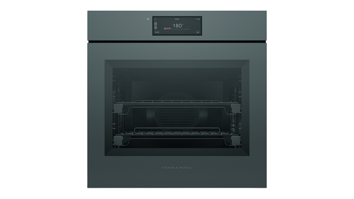 A dark grey Fisher & Paykel handleless built-in wall oven with a small rectangular digital touchscreen display