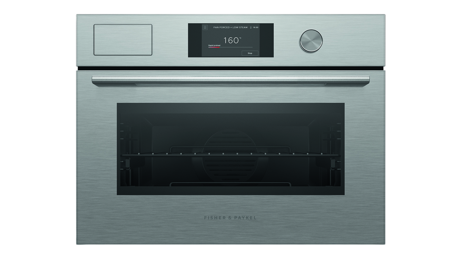 Front view of a closed Fisher & Paykel brushed silver oven with a digital display showing 160°
