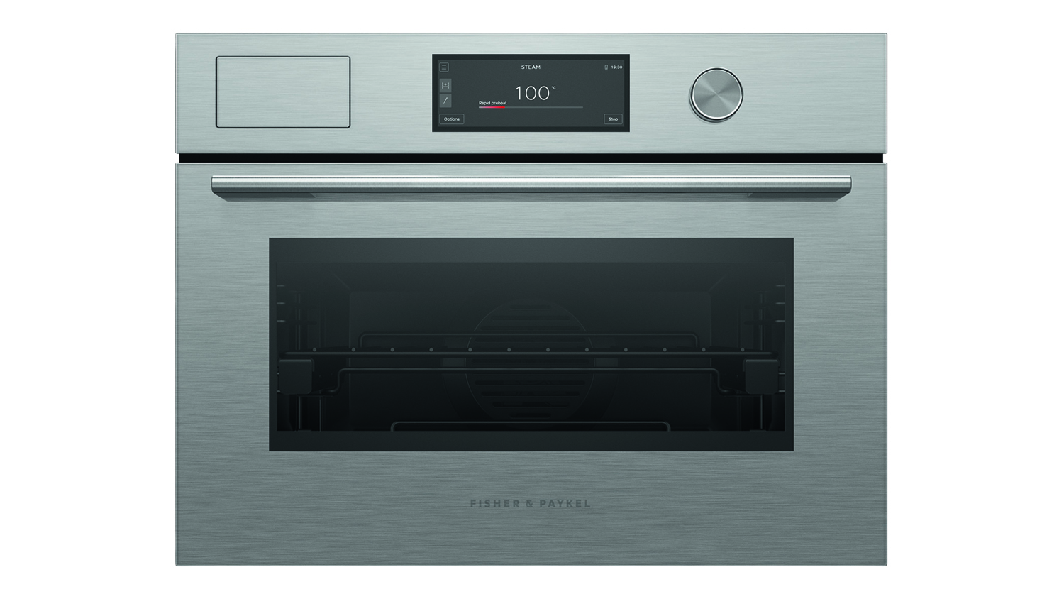 Front view of a brushed silver Fisher & Paykel built-in oven with closed door, sleek handle, and digital touchscreen display