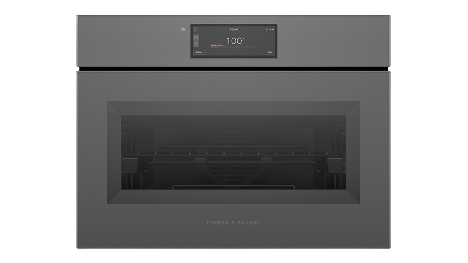 Front view of a grey Fisher & Paykel compact oven with a small digital screen displaying 100 degrees