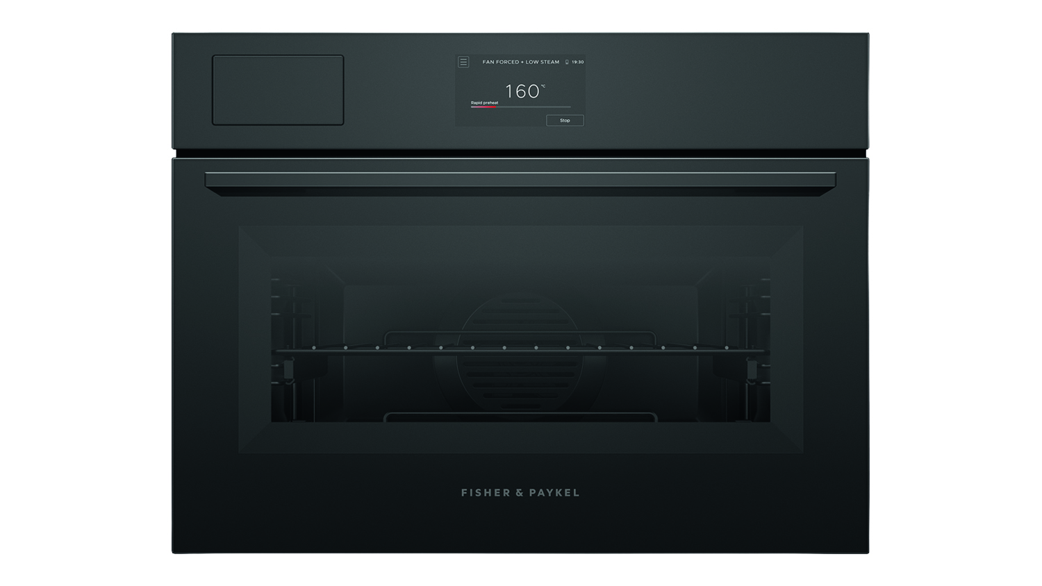 A front view of a closed black Fisher & Paykel compact wall oven with digital display showing 160°