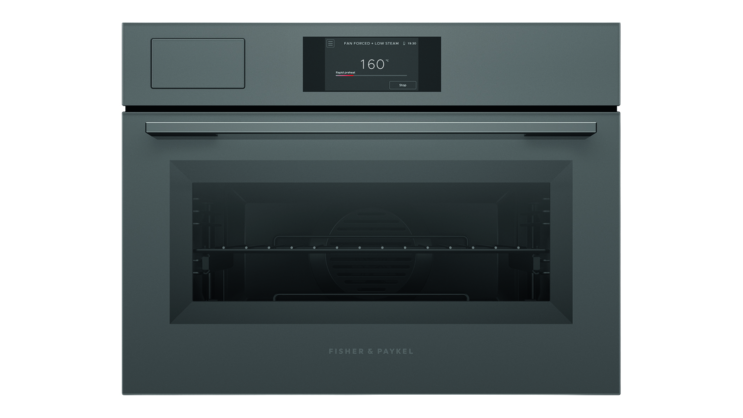 A front view of a closed grey glass Fisher & Paykel compact wall oven with digital display showing 160°