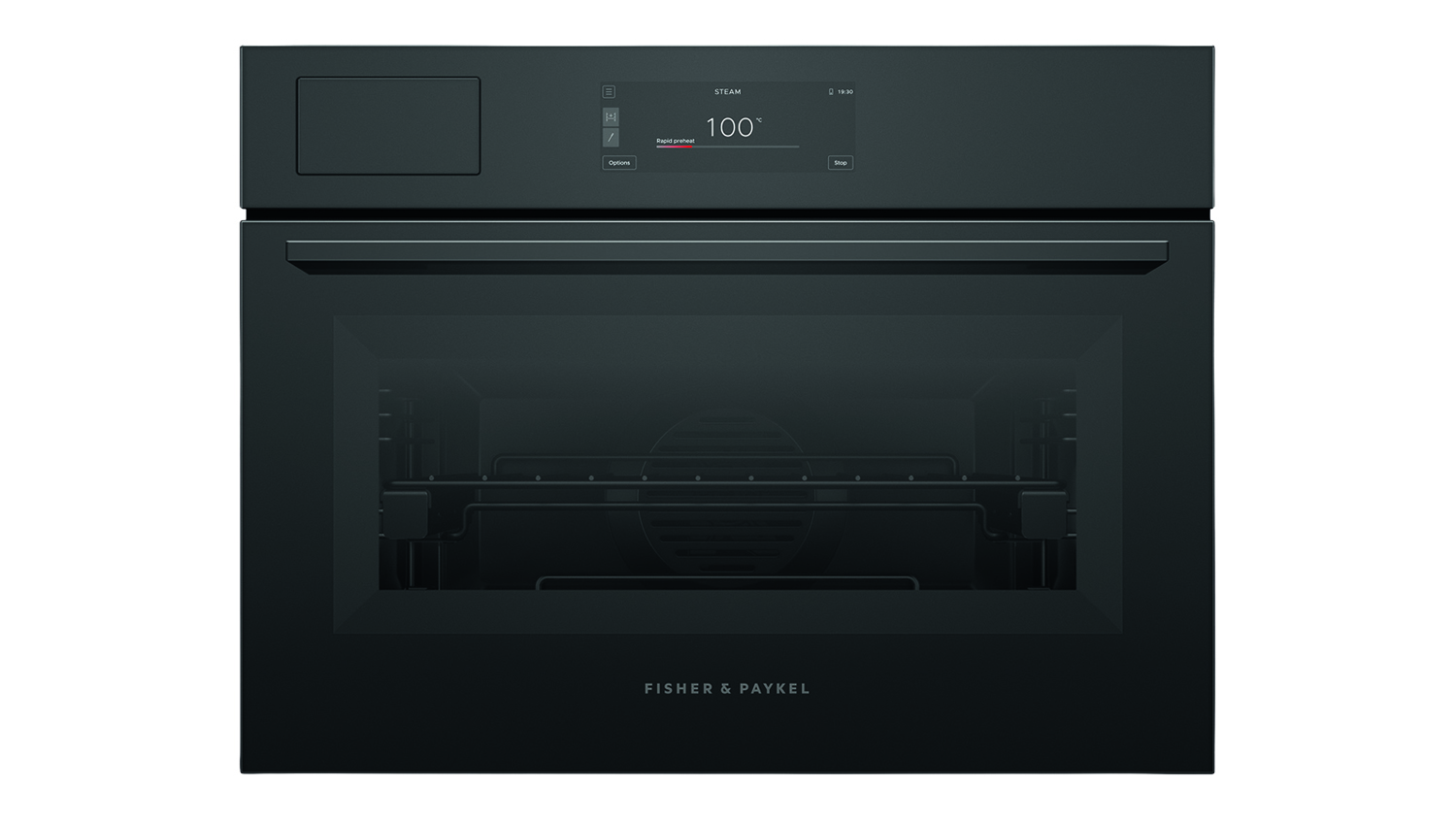 Front view of a sleek, black glass Fisher & Paykel built-in combination steam oven with a central digital display