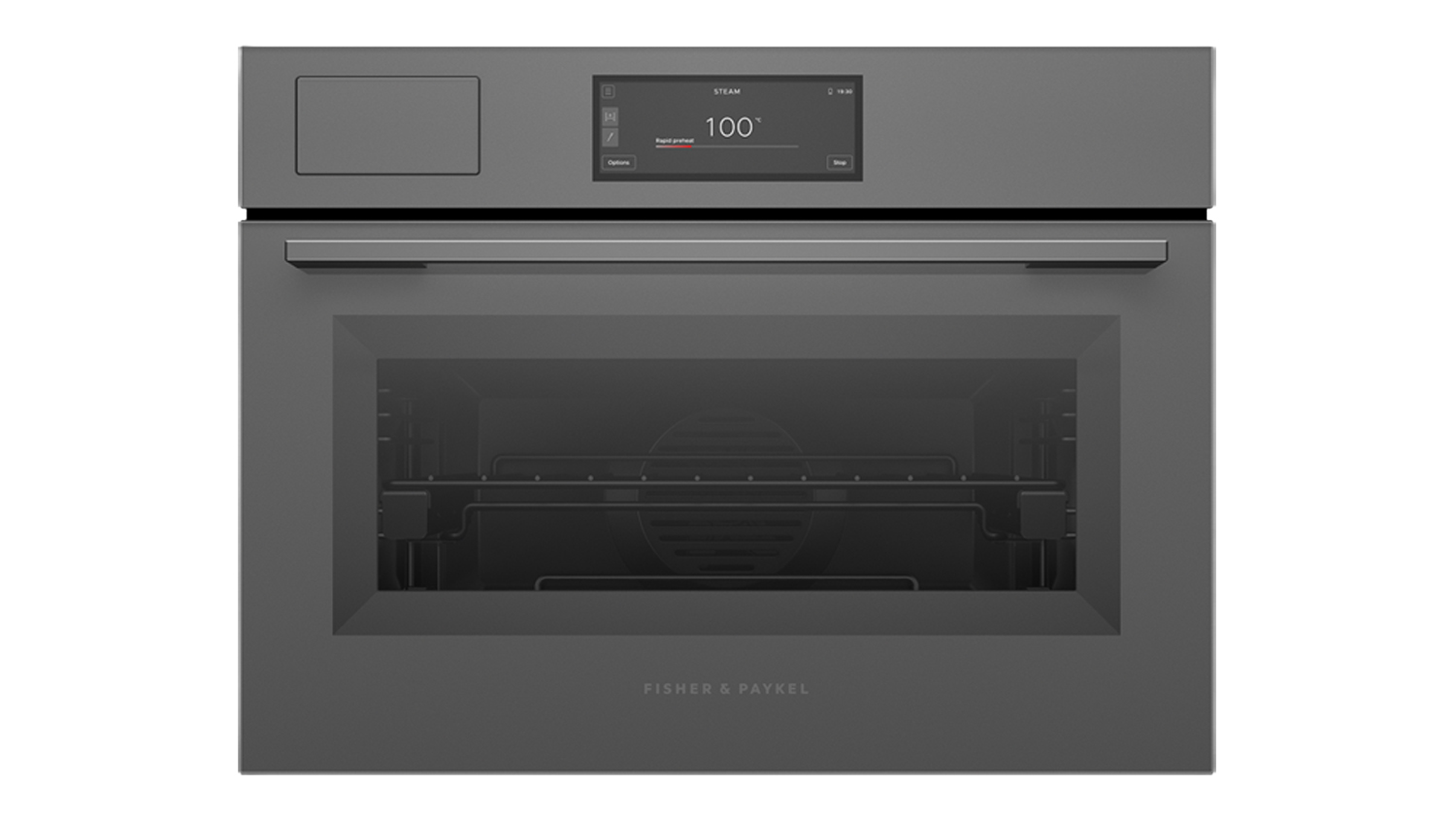 Front view of a dark grey Fisher & Paykel built-in oven with closed door, sleek handle, and digital touchscreen display