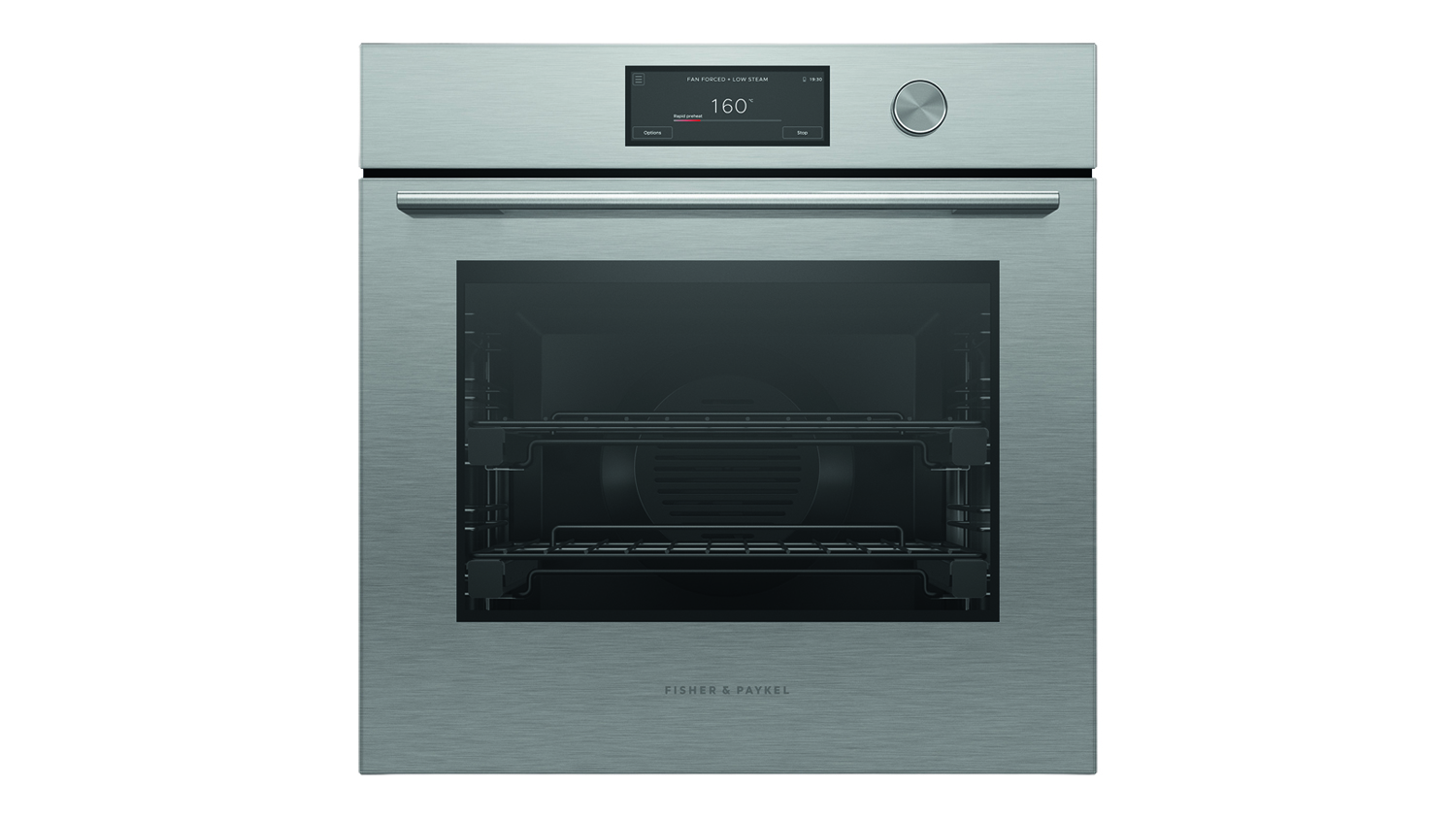 Front-facing view of a brushed silver glass Fisher & Paykel wall oven with a digital display screen