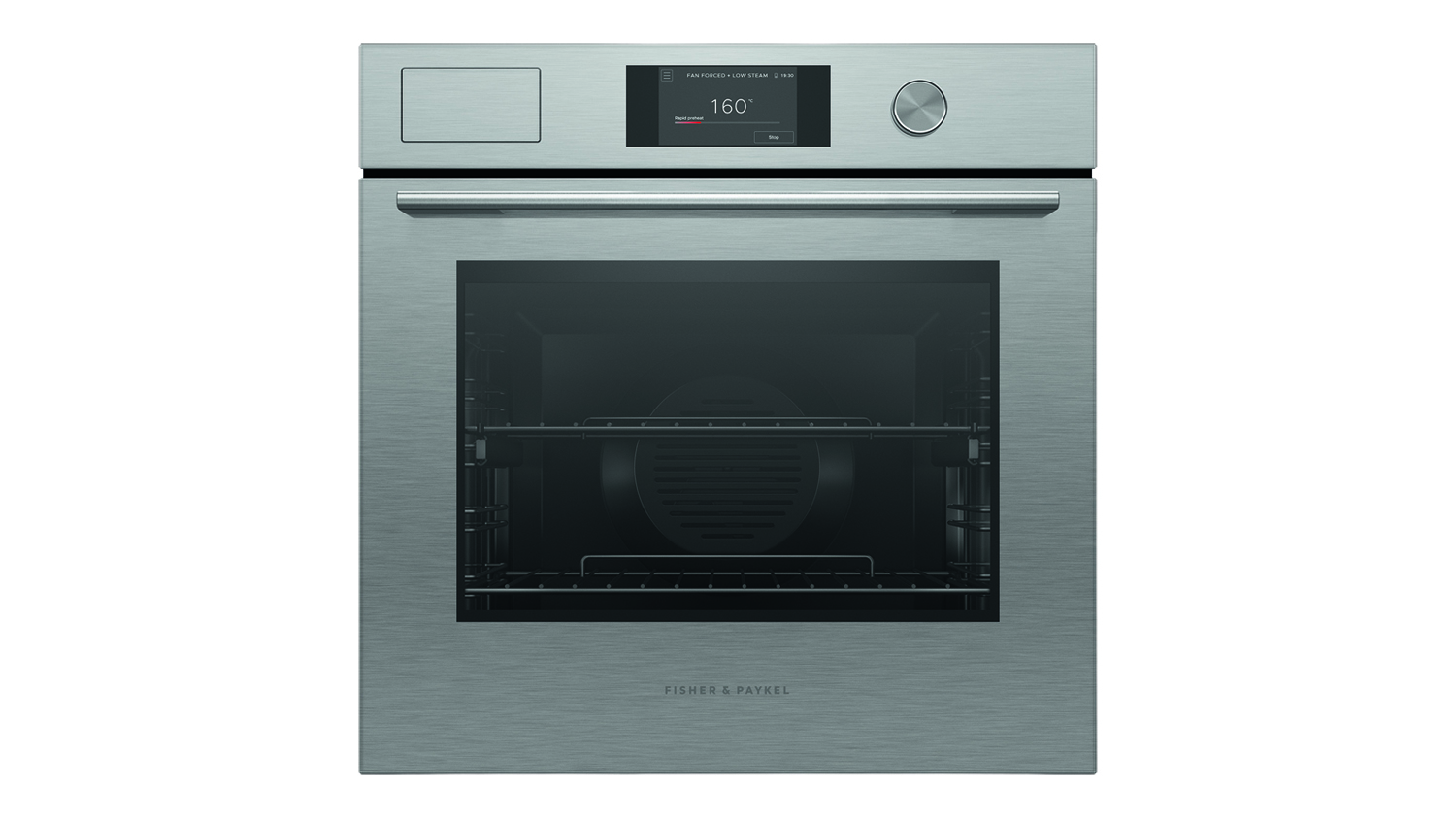 Front view of a closed Fisher & Paykel Series 7 60cm Built-In Smart Steam Oven displaying a digital 160° interface
