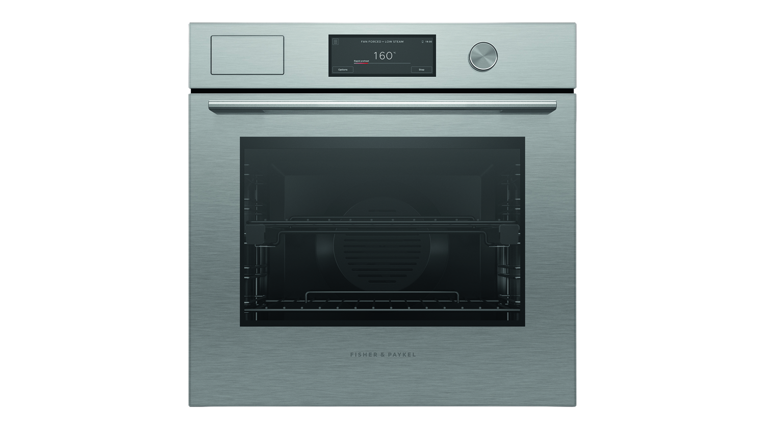 Brushed Silver Glass Fisher & Paykel wall oven with a digital display screen showing 160°C