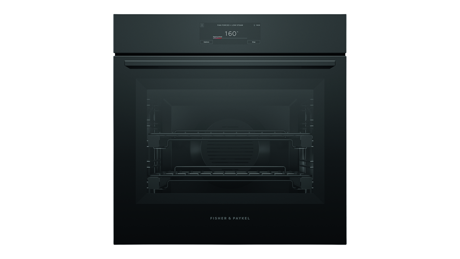 Front view of a Sleek black glass Fisher & Paykel built-in wall oven featuring a digital touchscreen display showing 160 degrees.