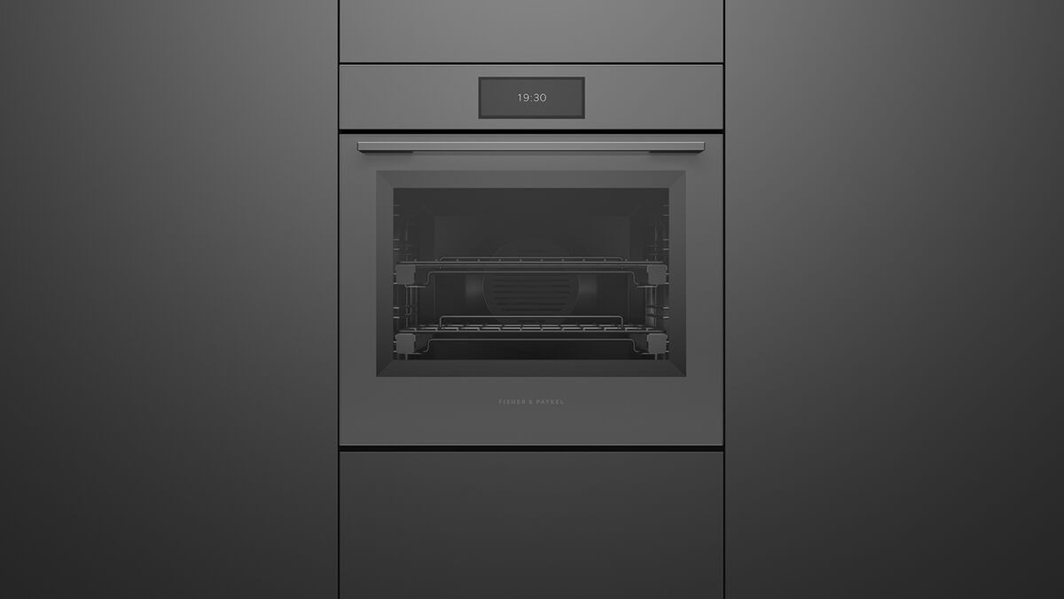 Front view of a Fisher & Paykel dark grey built-in wall oven featuring a digital touchscreen display