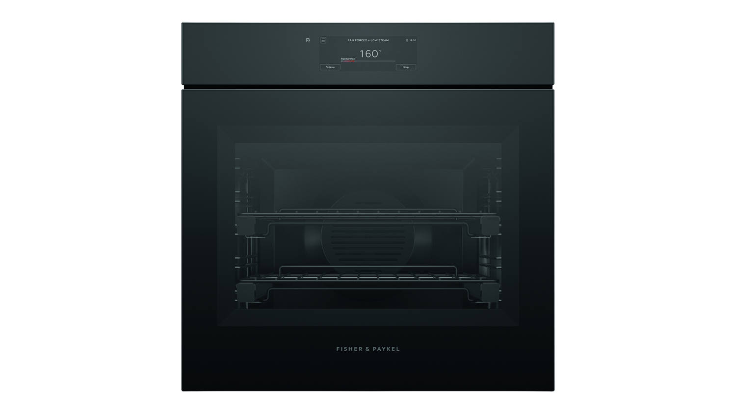 A black Fisher & Paykel Series 11 60cm Built-In Smart Steam Oven with a digital touchscreen showing a temperature of 160 degrees