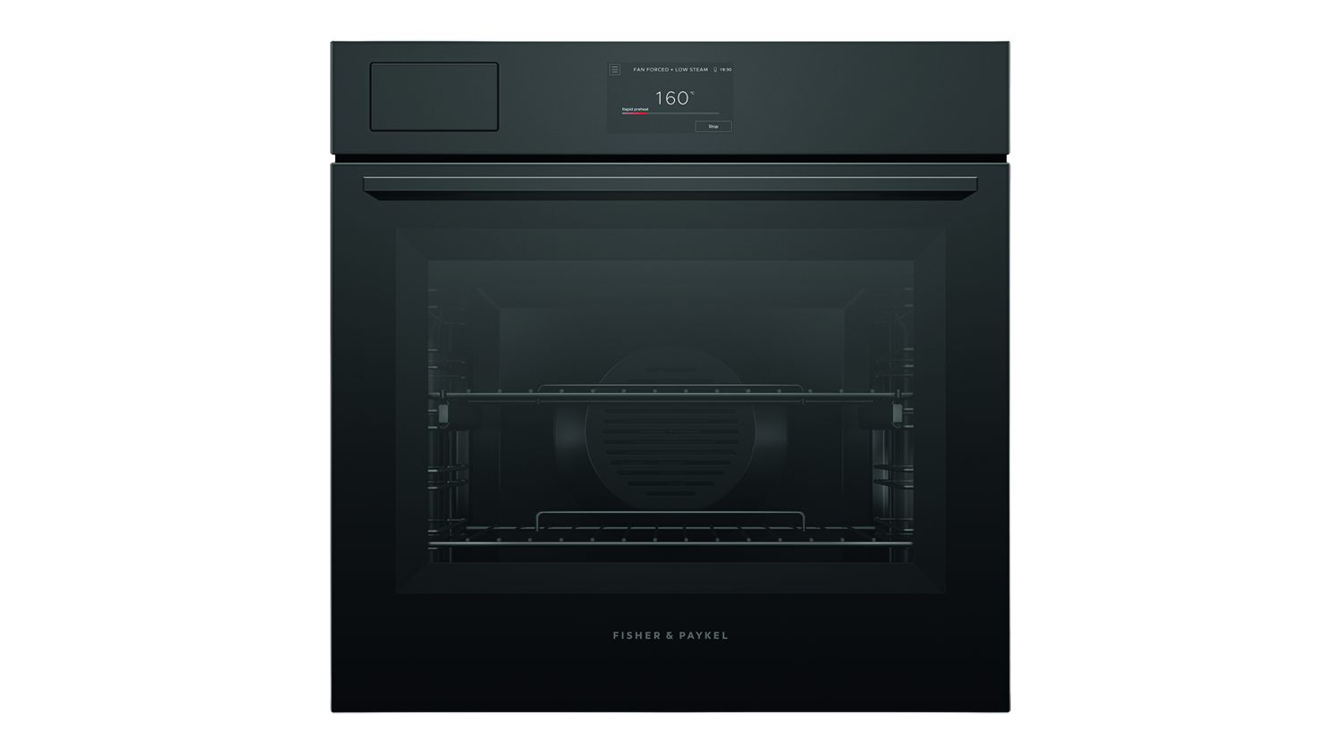 Front view of a closed Fisher & Paykel Series 7 60cm Built-In Smart Steam Oven displaying a digital 160° interface