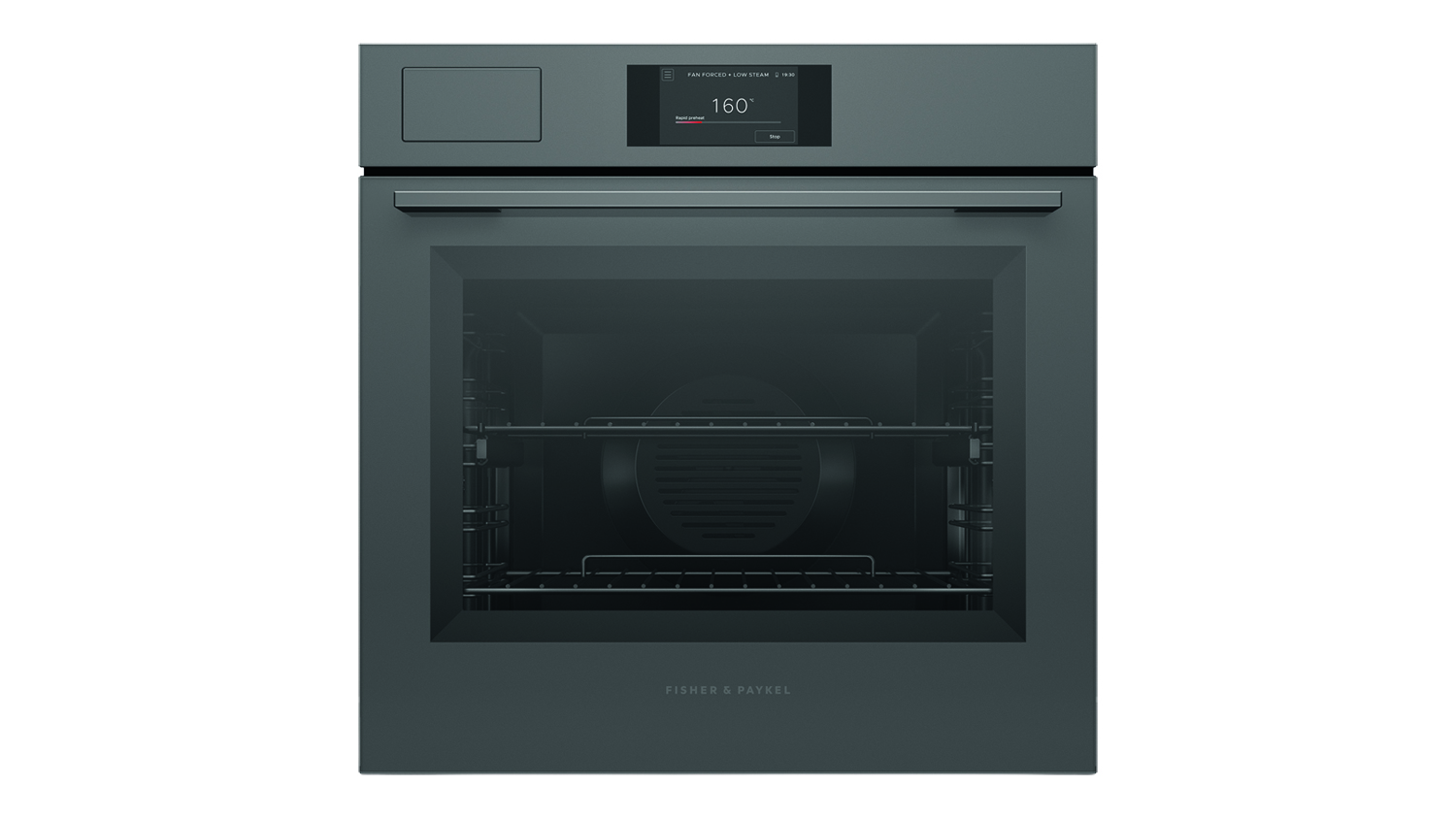 Front view of a closed Fisher & Paykel Series 7 60cm Built-In Smart Steam Oven displaying a digital 160° interface
