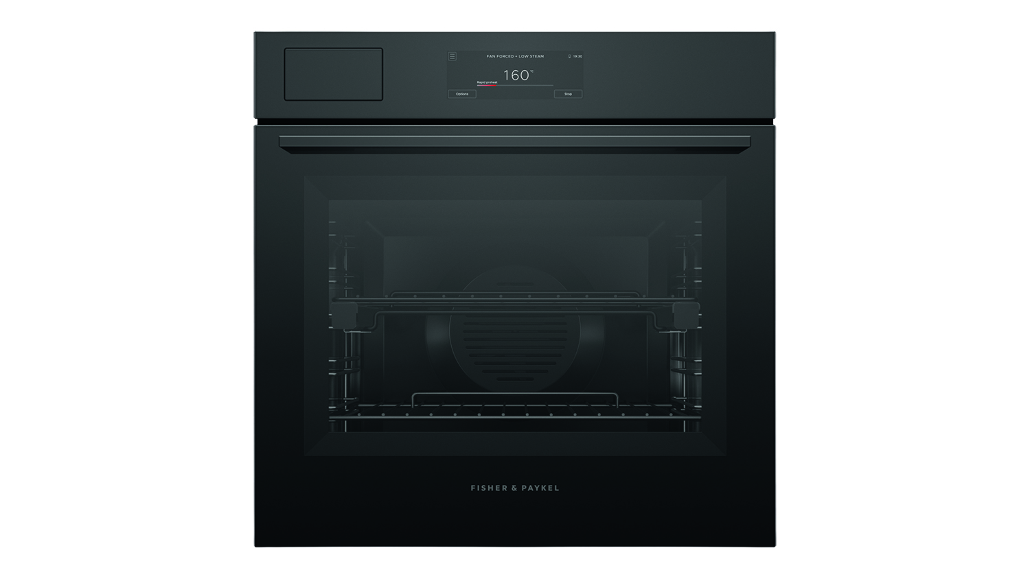 A black Fisher & Paykel wall oven with a digital display reading 160 degrees