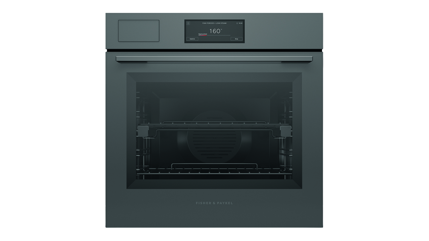 Front view of a sleek, dark grey Fisher & Paykel wall oven with a digital display screen and a metal handle