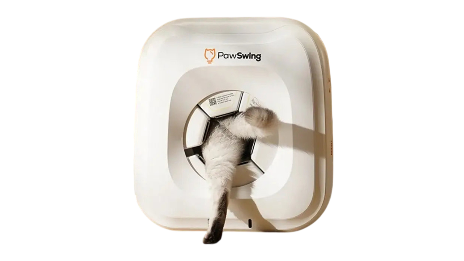 Orange and grey cats interact with the PawSwing NEO Self-Grooming Cat House, promoting fur-free grooming