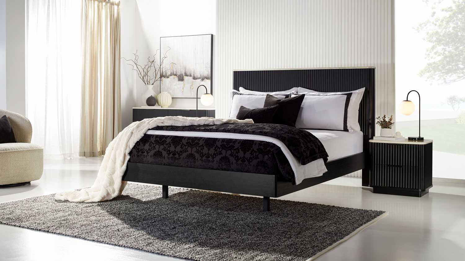 Province King Marble Bed Frame in a modern bedroom setting, featuring a black fluted headboard