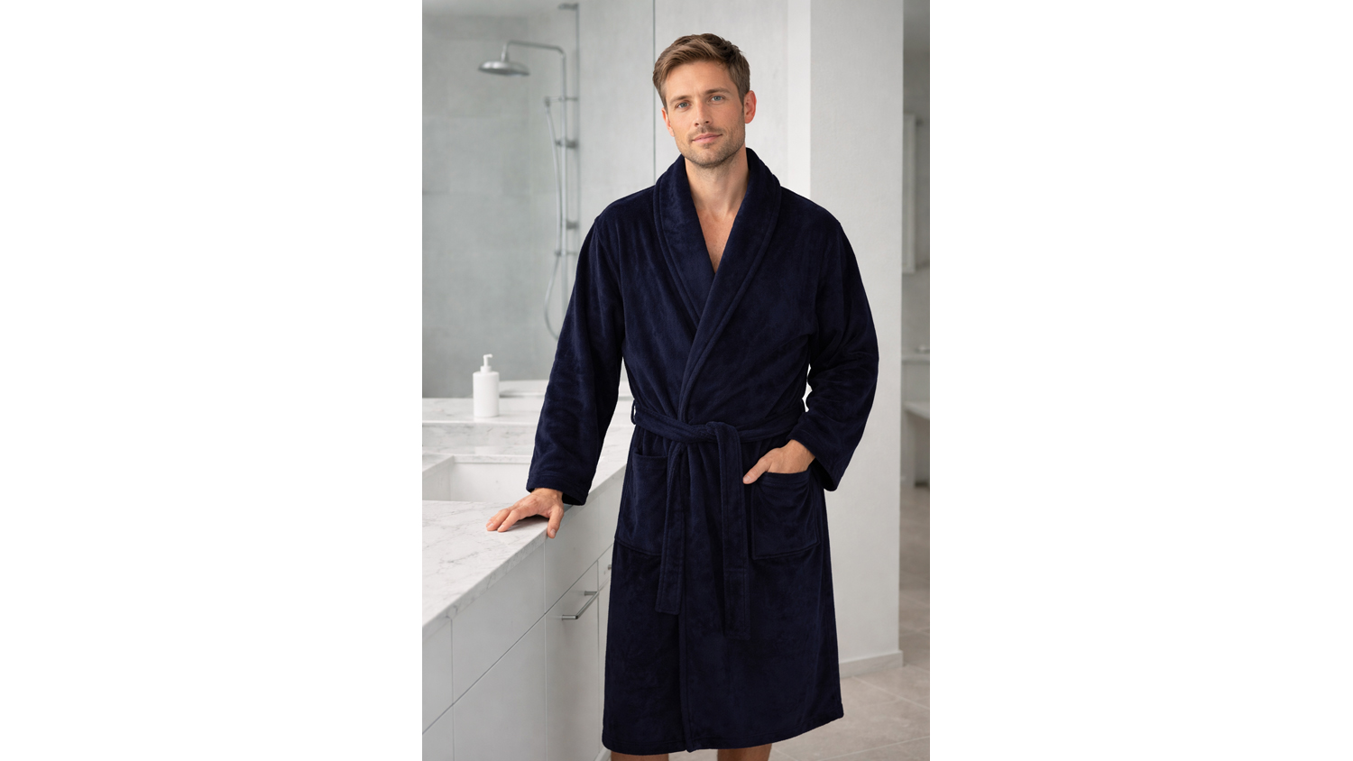 Baksana Ashley Bath Robe in navy blue, displayed on a standing model