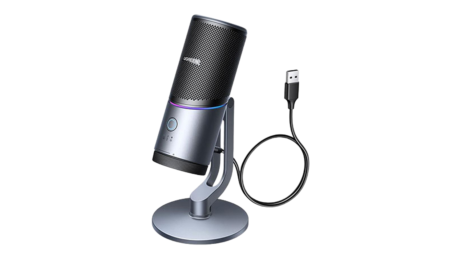 UGREEN USB condenser microphone with desktop stand, RGB light, and USB cable