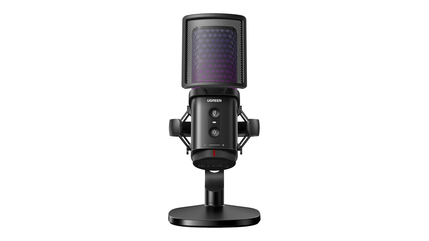 UGREEN USB condenser microphone with desktop stand, RGB lighting, shock mount, and front audio controls
