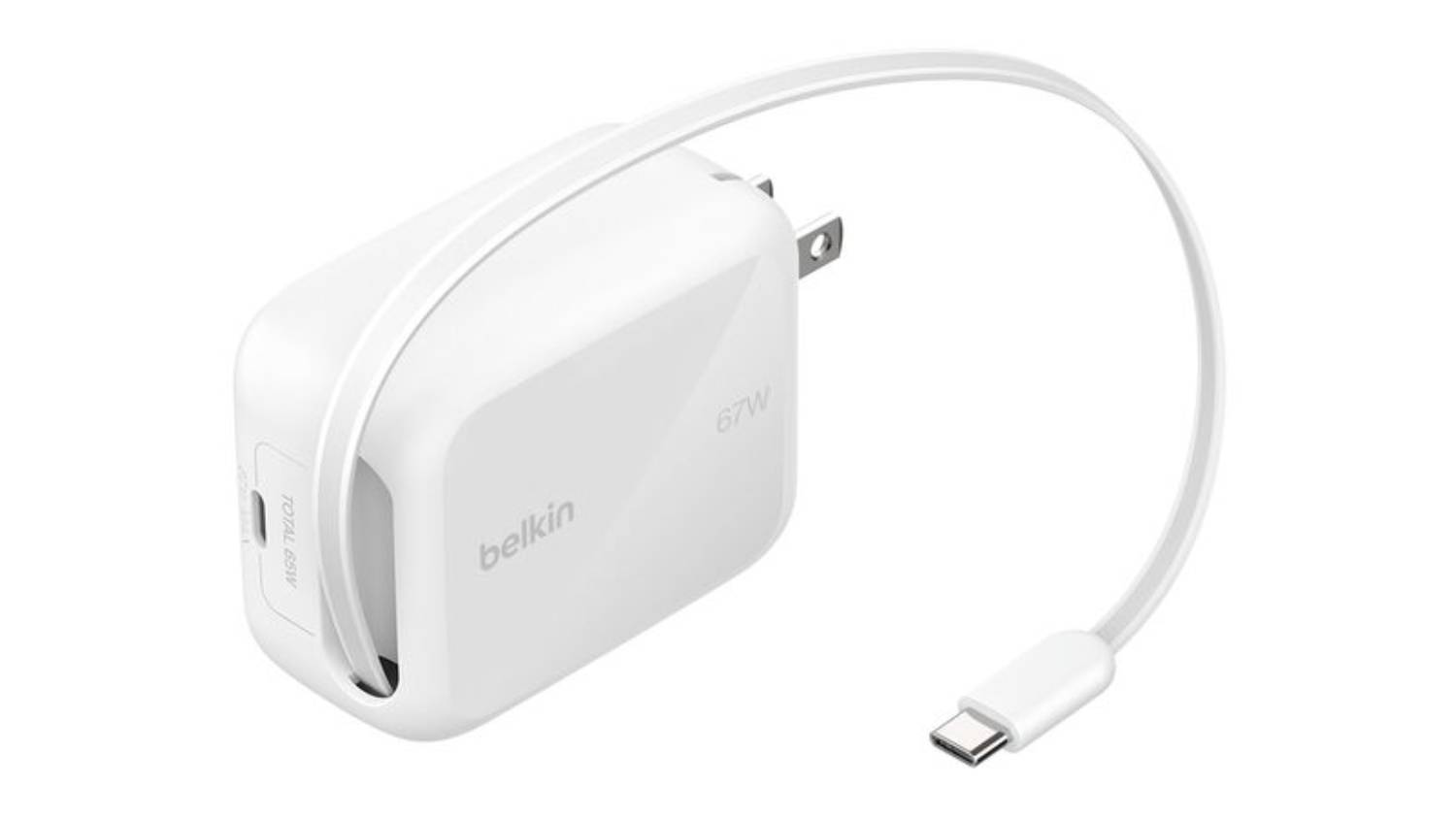 Angled view of the Belkin UltraCharge 45W USB-C Retractable GaN Wall Charger in white