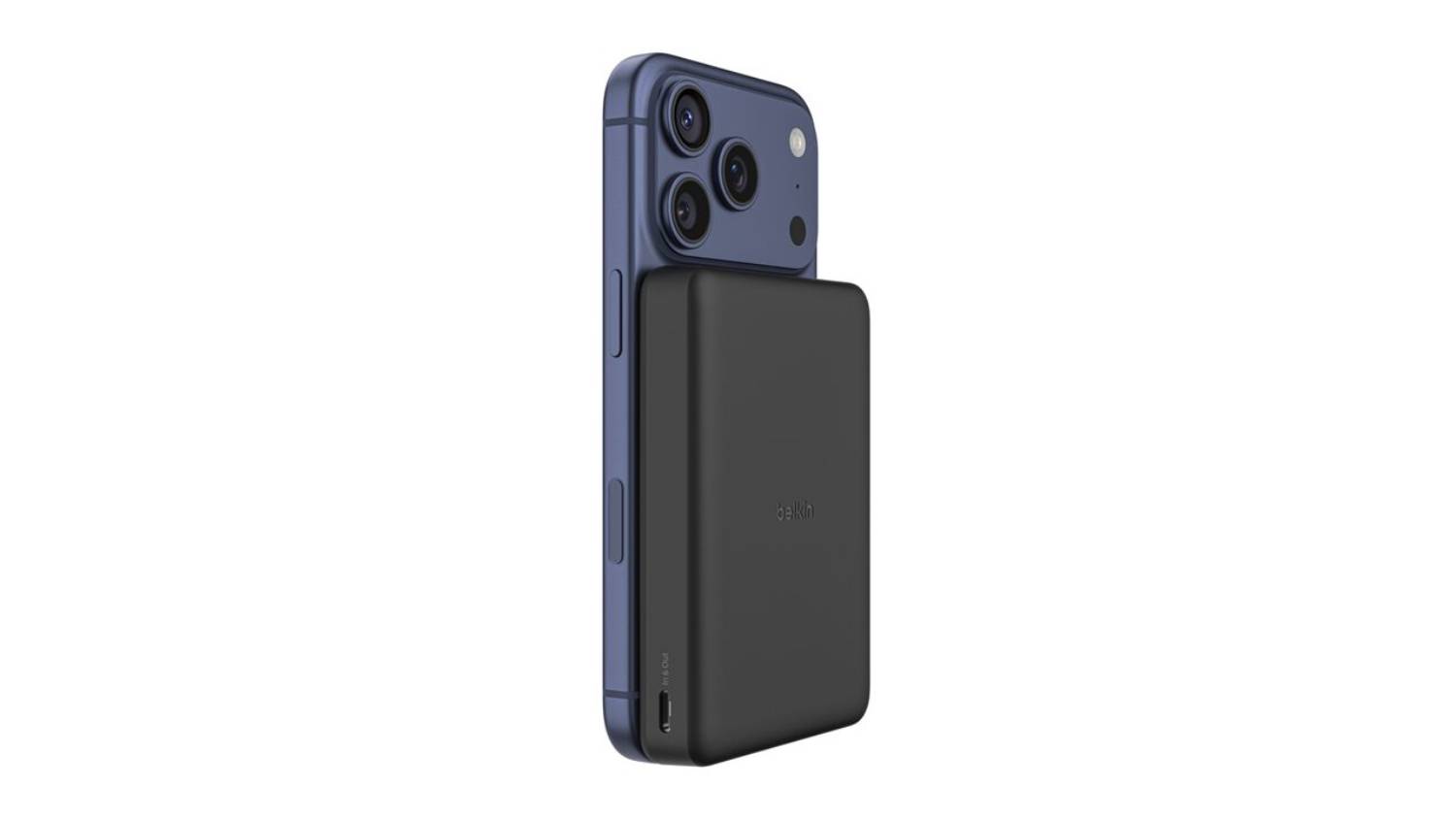 Belkin BoostCharge Slim 10000mAh Magnetic Power Bank attached to the back of a smartphone