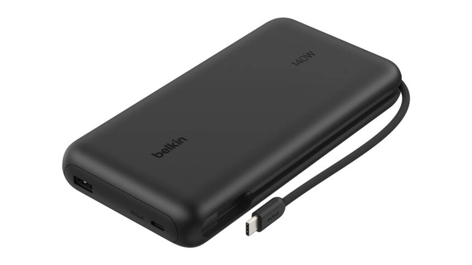 Angled product view of the Belkin UltraCharge Pro 25000mAh Power Bank in black