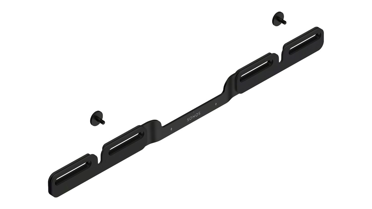 Front view of the black Sonos wall mount bracket with mounting screws displayed separately