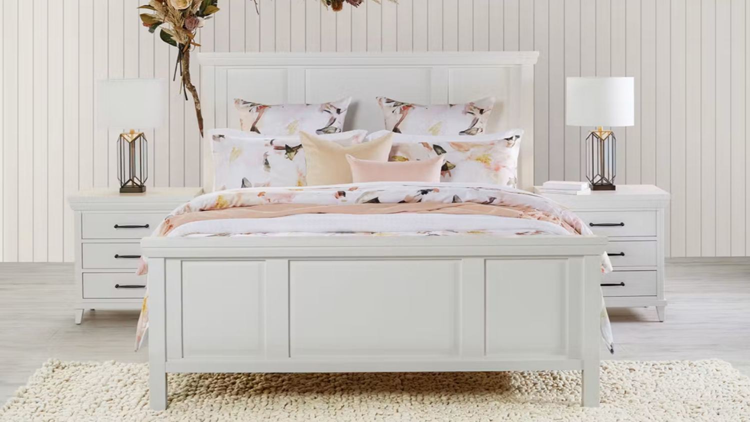 Front view of the Bayswater Double Bed Frame with matching nightstands