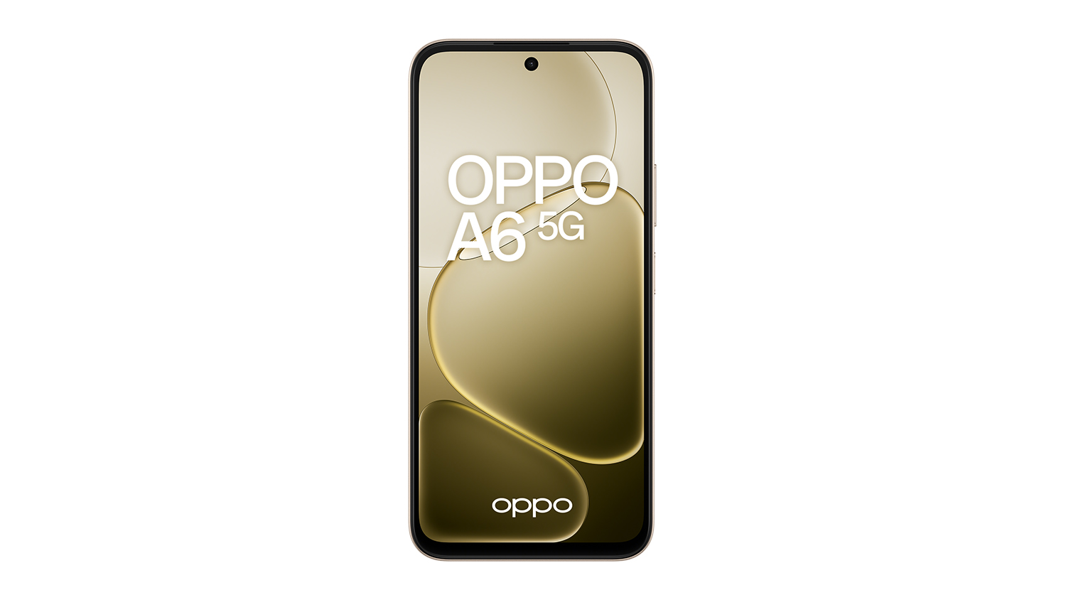 Front view of Oppo A6 5G in Aurora Gold showing the display with Oppo branding
