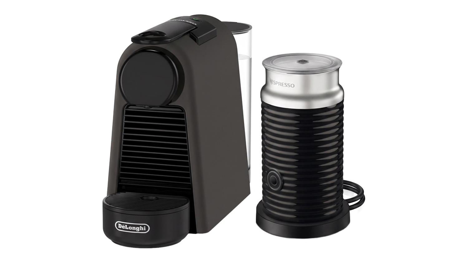 Black DeLonghi Nespresso Essenza Mini espresso machine next to an Aeroccino milk frother