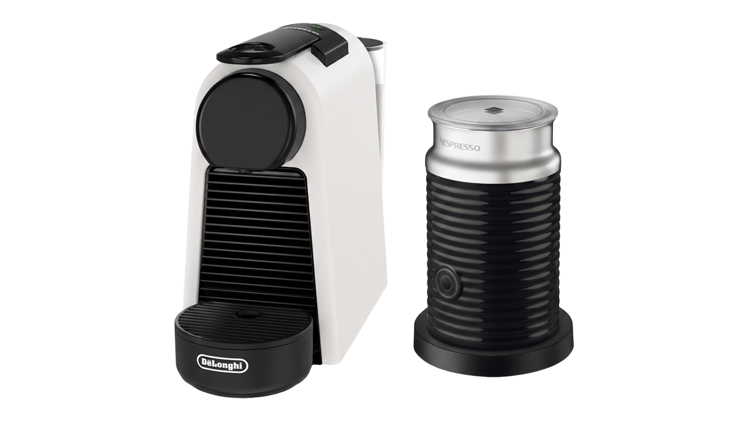 White DeLonghi Nespresso Essenza Mini espresso machine next to an Aeroccino milk frother