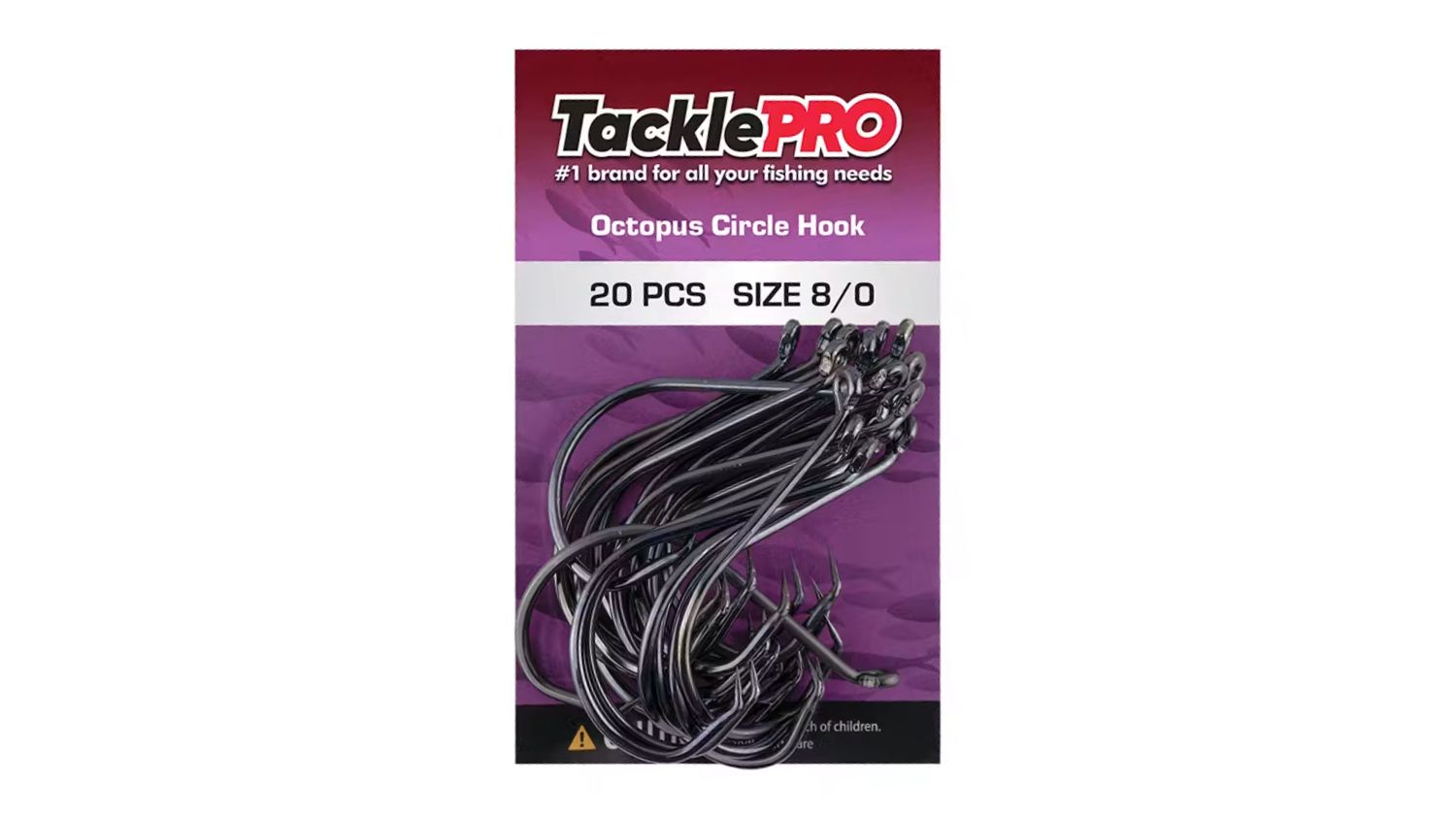 TacklePro Octopus Circle Hooks size 8/0 20-piece pack featuring black nickel fishing hooks in purple packaging
