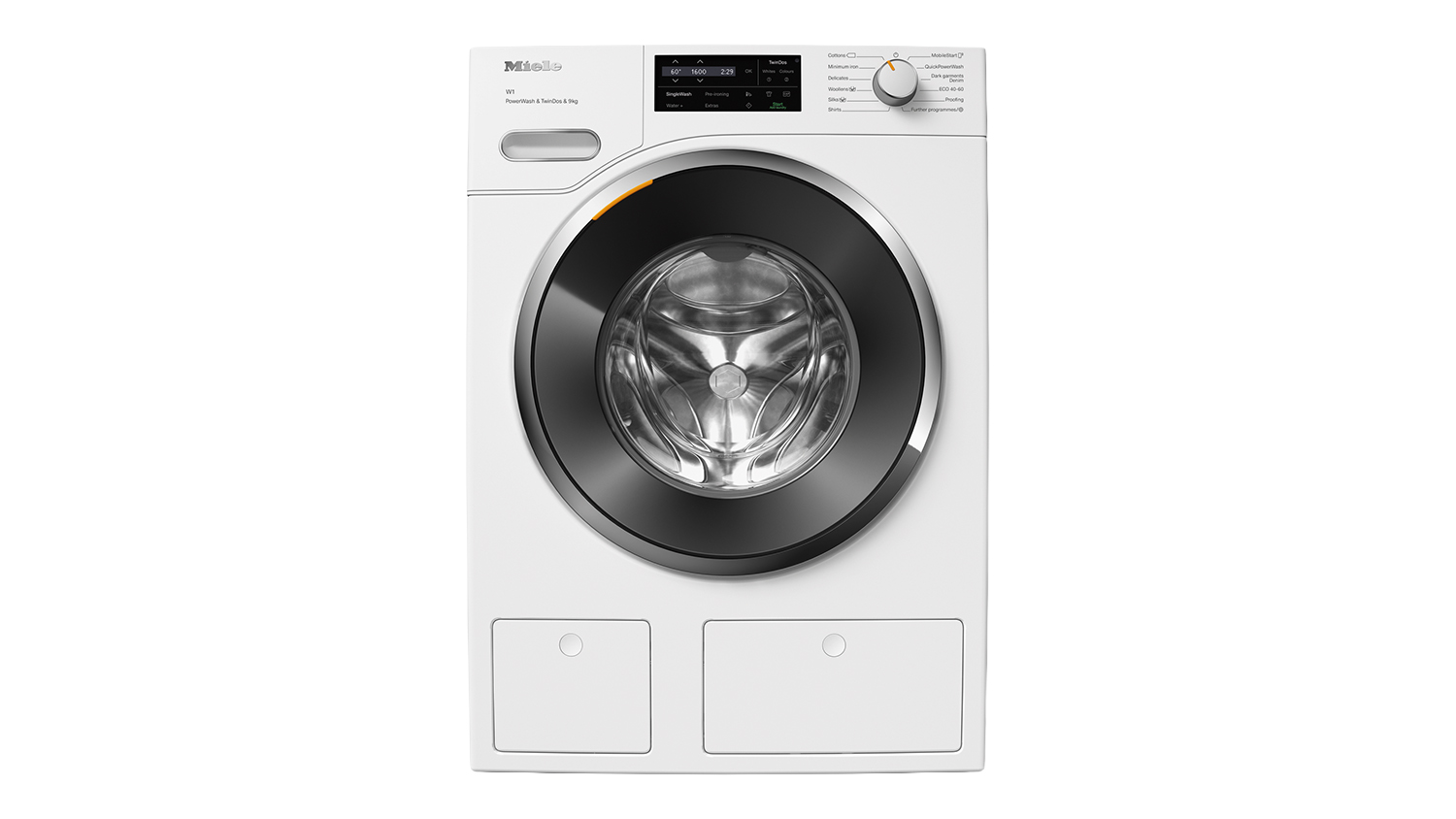 A Miele W1 Series 9kg Front Loader Washing Machine in a lotus white colour