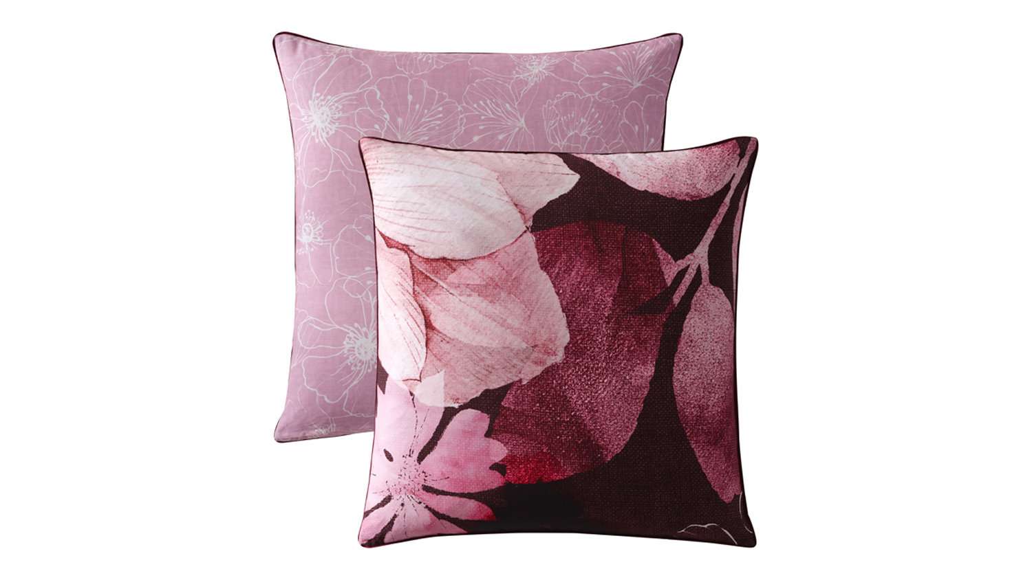 Ethereal Rose European pillowcases by Logan & Mason showing pink and burgundy floral prints