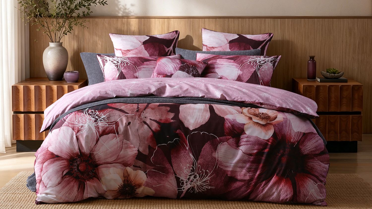 Logan & Mason Ethereal Rose duvet cover set featuring large burgundy and pink floral prints on a made bed