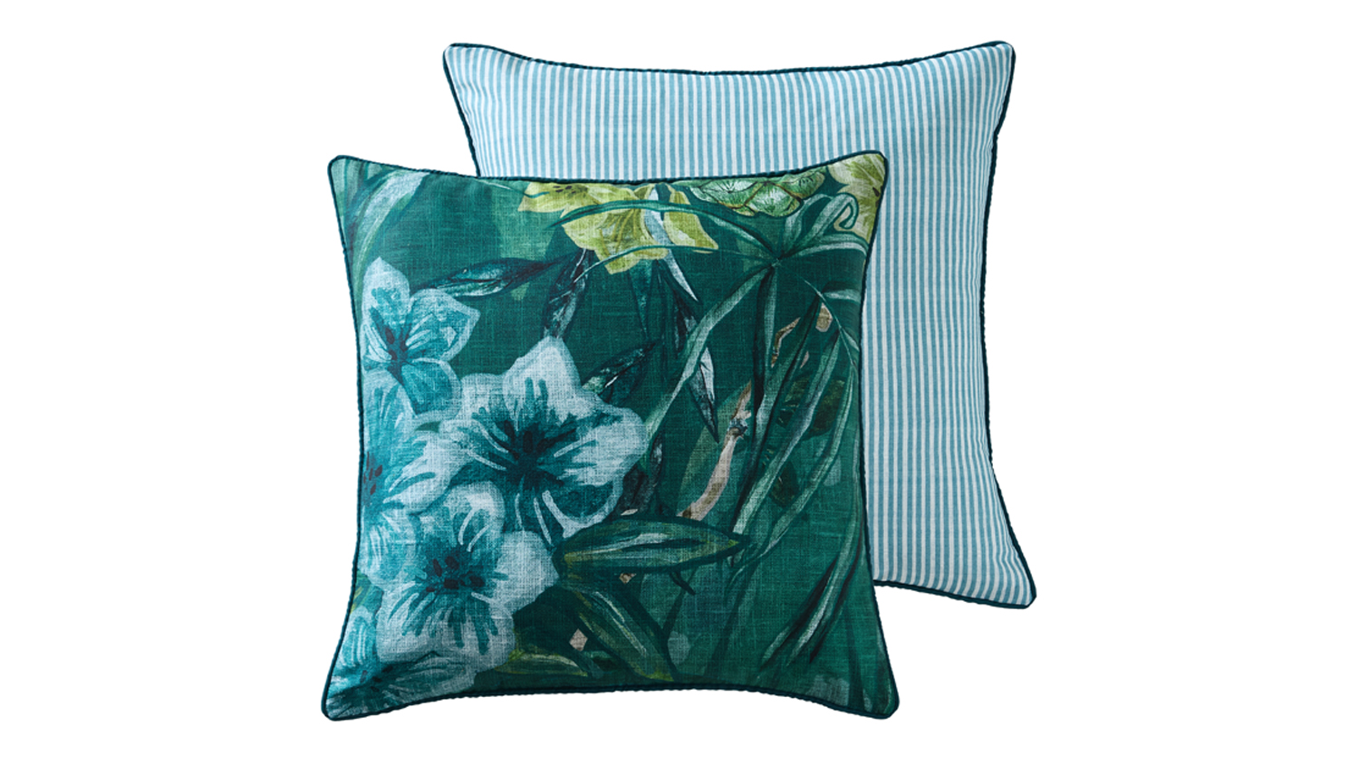 Tropical floral cushion cover with teal leaf and white flower print, paired with teal pinstripe reverse