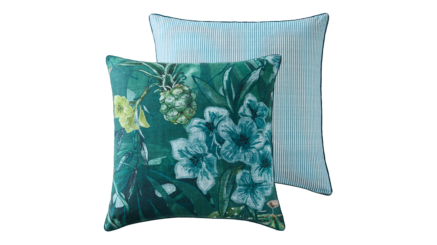 Tropical floral cushion cover with teal foliage and pineapple print, paired with teal pinstripe