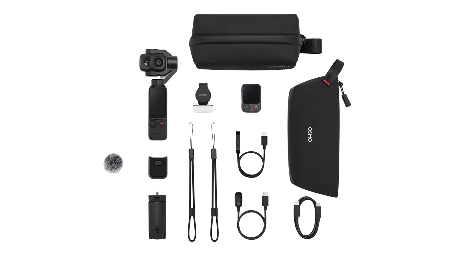 Top-down view of the DJI Osmo Pocket 4P bundle showing included accessories
