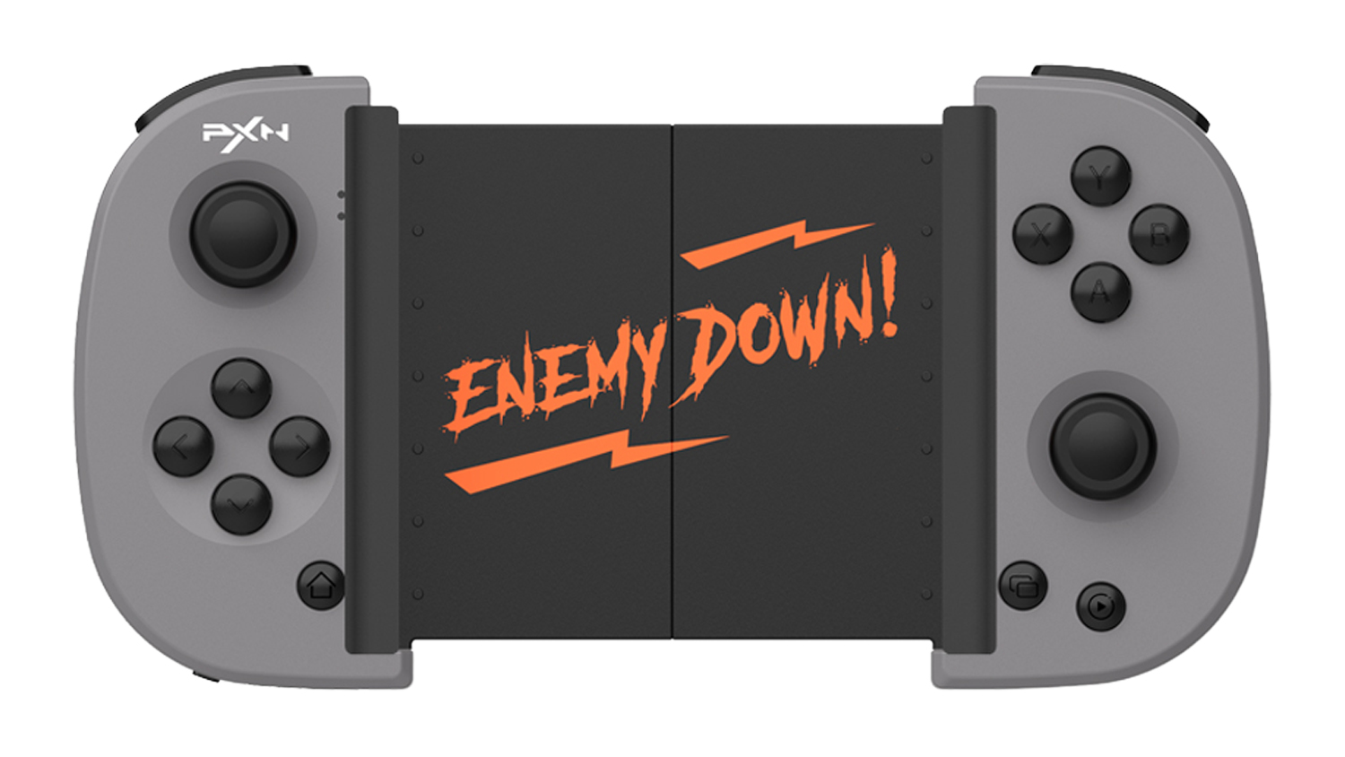A grey PXN P30PRO wireless mobile game controller with "Enemy Down!" written in orange on the center plate
