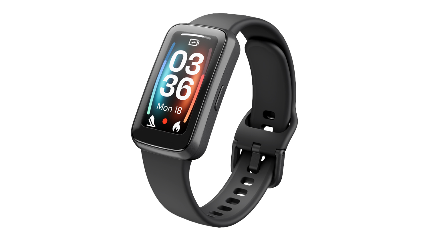 Angled front view of the Ryze Elevate (Gen 2) SmartWatch with a black case and black silicone band