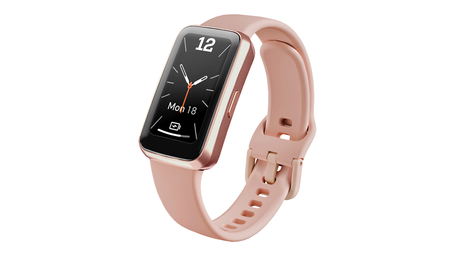 Angled view of the Ryze Elevate (Gen 2) SmartWatch with a pink case and matching pink silicone band