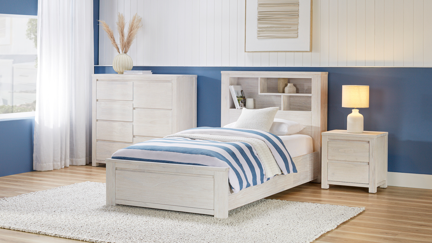 Bright bedroom featuring Palm Beach King Single Bed Frame with 1 Drawer Base